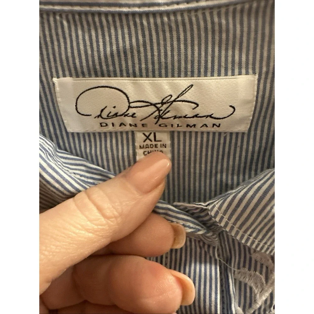 Women's Blouse Blue‎ White Stripe Long Sleeve 100% Cotton Floral Embroidery XL